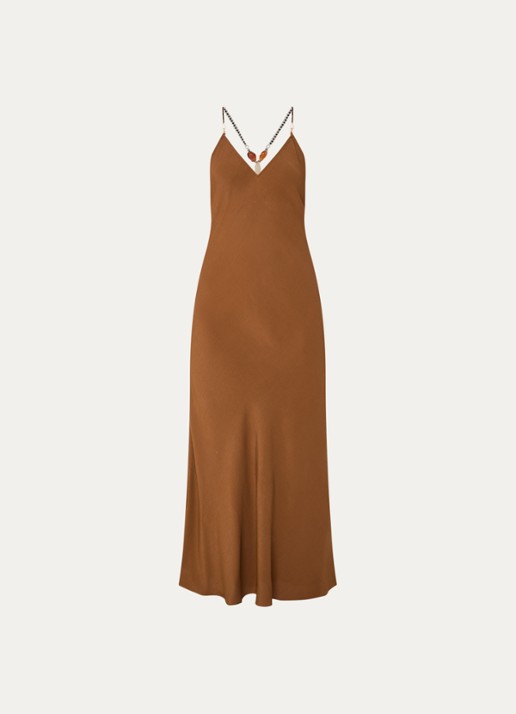 ba&sh Hany maxi jurk met een rugdecolleté en kralendecoratie  - voorkant 2 hazelnootbruin