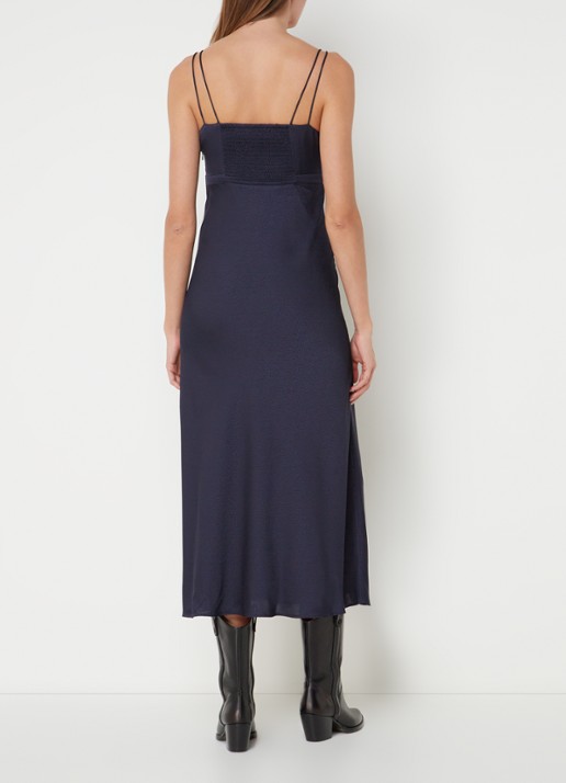 ba&sh Issa midi jurk van satijn - achterkant 3 donkerblauw