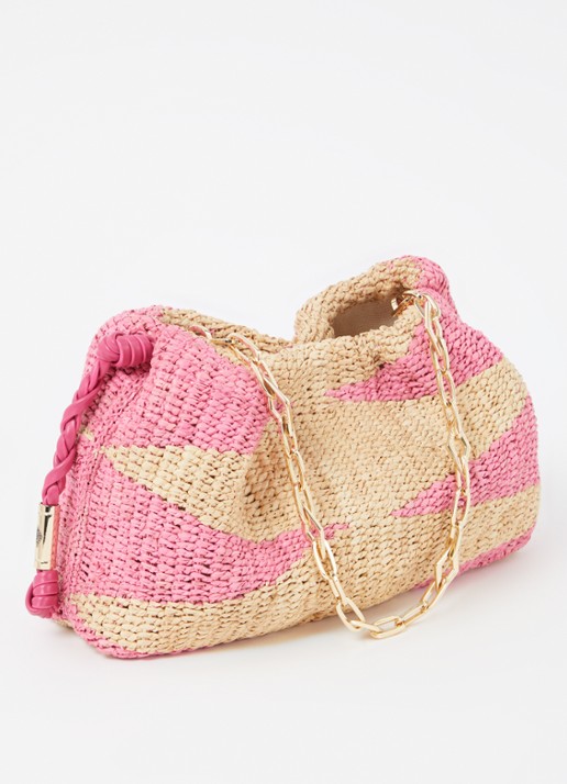ba&sh June schoudertas van raffia met leren details - achterkant 2 roze
