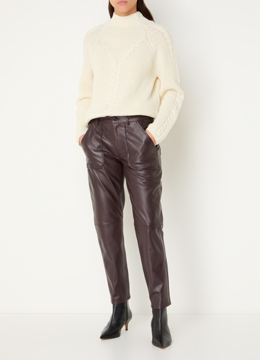 ba&sh Kelly mid waist tapered fit broek van lamsleer - voorkant 2 aubergine