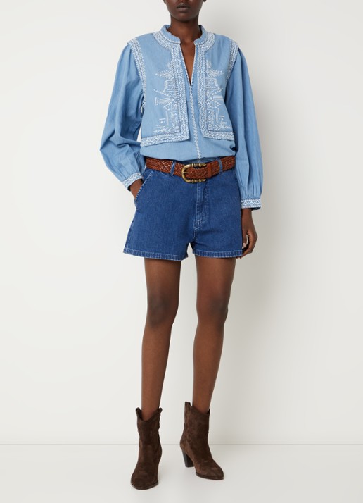 ba&sh Laura tuniek van chambray met borduring - voorkant 2 lichtblauw