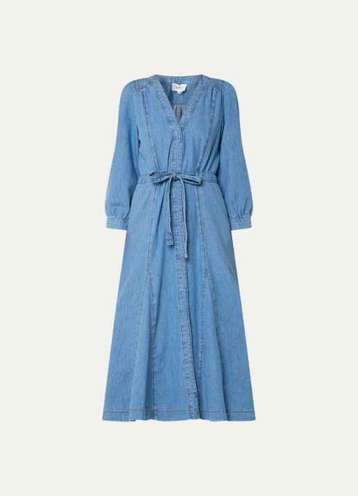 ba&sh Lia midi jurk van chambray met strikceintuur - voorkant 2 blauw