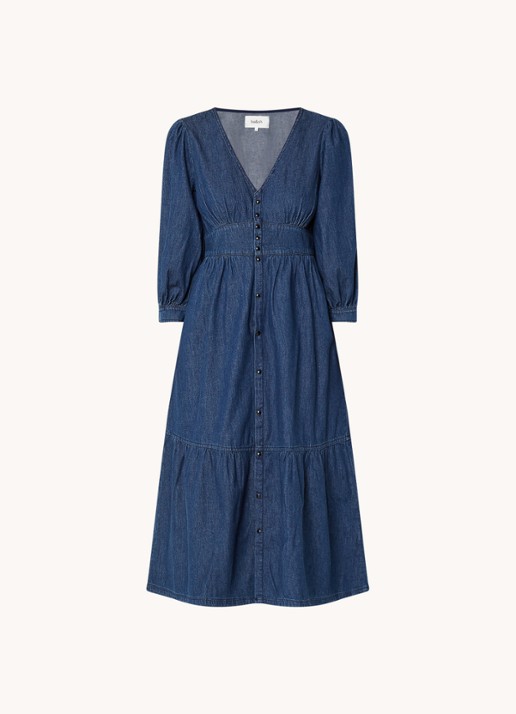 ba&sh Limi midi blousejurk van chambray - voorkant 2 indigo
