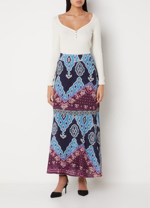 ba&sh Manessa maxi rok met print - voorkant 2 donkerblauw