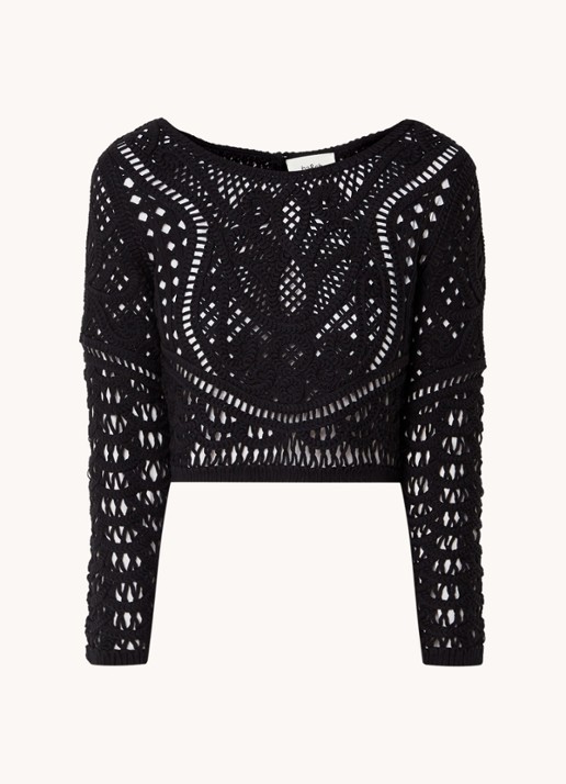 ba&sh Marc grofgebreide crop top met broderie - voorkant 3 zwart