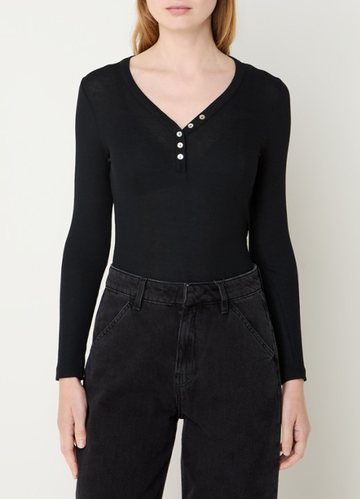 ba&sh Marty ribgebreide top met V-hals - detail 3 zwart