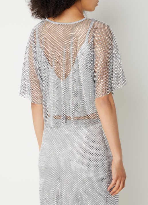 ba&sh Mate crop top met opengewerkt dessin en strass - achterkant 4 zilver