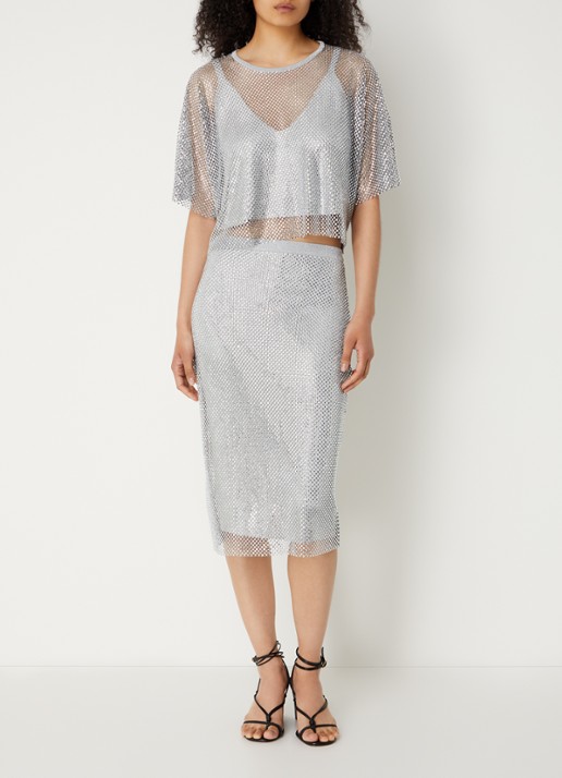 ba&sh Mate crop top met opengewerkt dessin en strass - voorkant 2 zilver