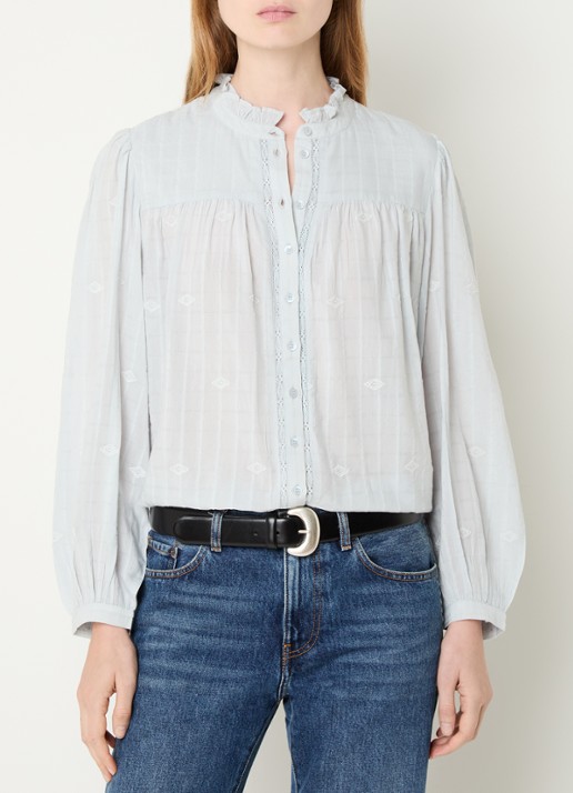 ba&sh Melody blouse met volant en pofmouw - detail lichtblauw