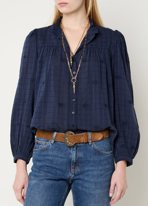 ba&sh Melody blouse met volant en pofmouw - detail donkerblauw