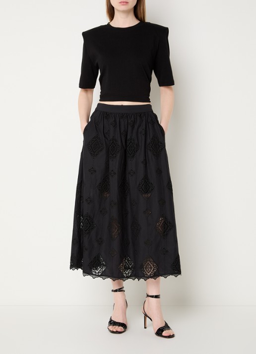 ba&sh Mona midi rok met broderie - voorkant 4 zwart