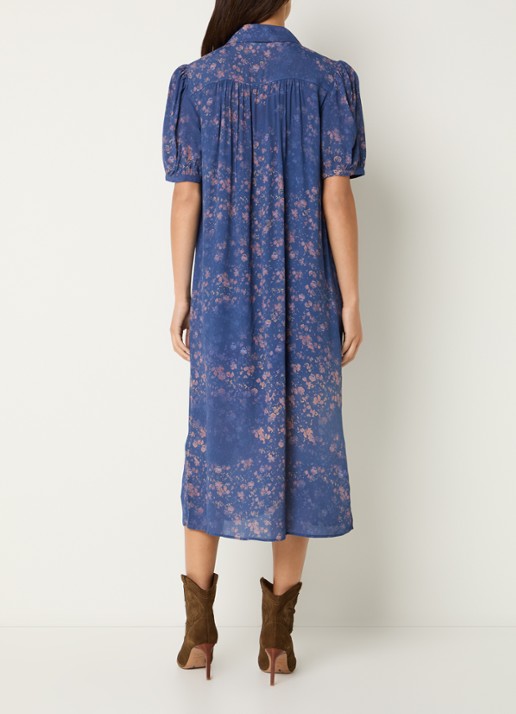 ba&sh Norma midi blousejurk met print en ballonmouw - achterkant 2 donkerblauw