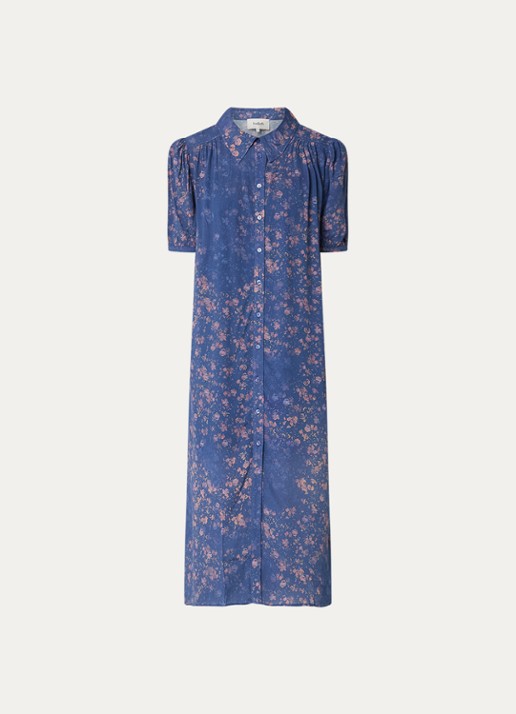 ba&sh Norma midi blousejurk met print en ballonmouw - voorkant 3 donkerblauw