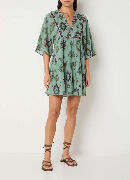 ba&sh Olalie mini jurk met grafische print - voorkant 2 groen