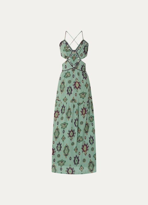 ba&sh Omelia maxi halterjurk met grafische print - voorkant 3 lindegroen