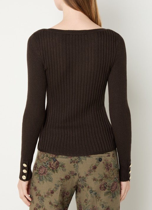 ba&sh Palma ribgebreide pullover in wolblend met boothals - achterkant 3 chocoladebruin