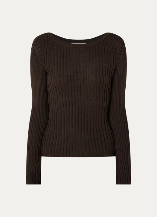 ba&sh Palma ribgebreide pullover in wolblend met boothals - voorkant chocoladebruin