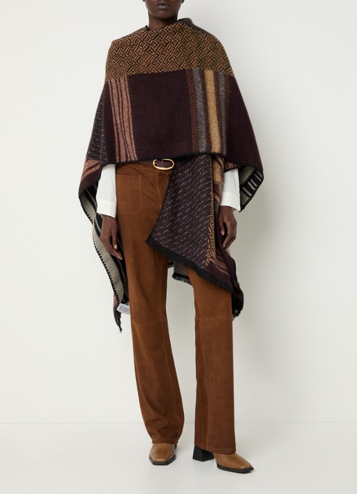 ba&sh Panama poncho in wolblend met grafische print - detail 3 donkerbruin