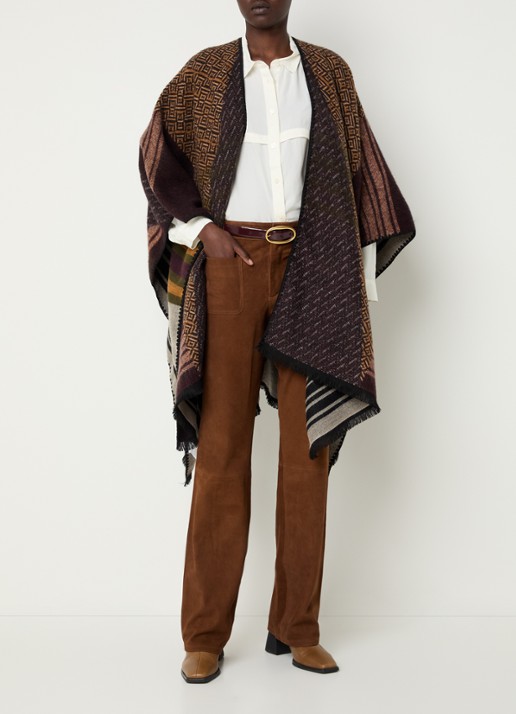 ba&sh Panama poncho in wolblend met grafische print - voorkant 2 donkerbruin