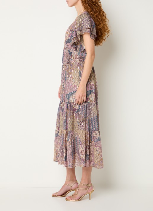 ba&sh Pareta midi blousejurk met bloemenprint en lurex - voorkant 3 paars