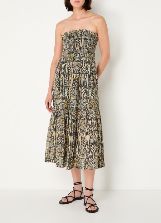 ba&sh Piala off shoulder midi jurk met bladprint en smockwerk