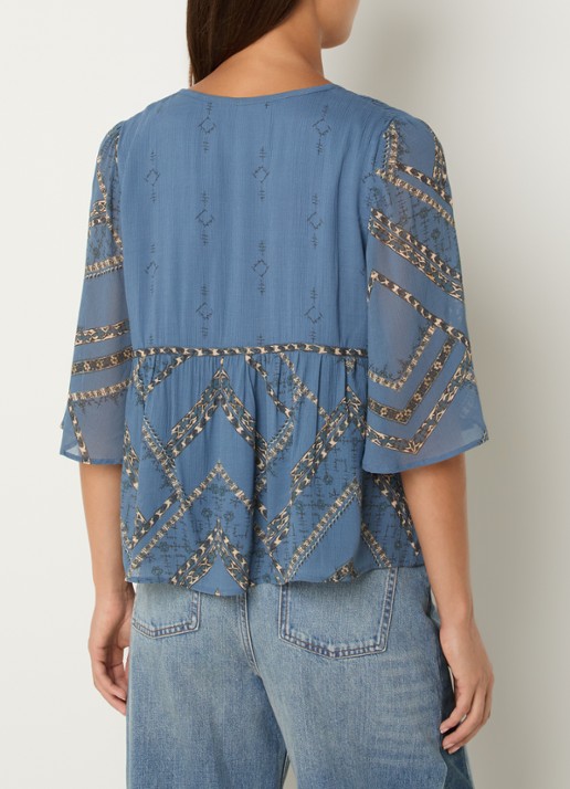ba&sh Placido blouse met v-hals  - achterkant 4 blauw