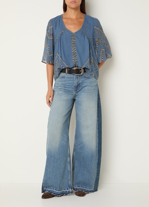 ba&sh Placido blouse met v-hals  - voorkant 2 blauw