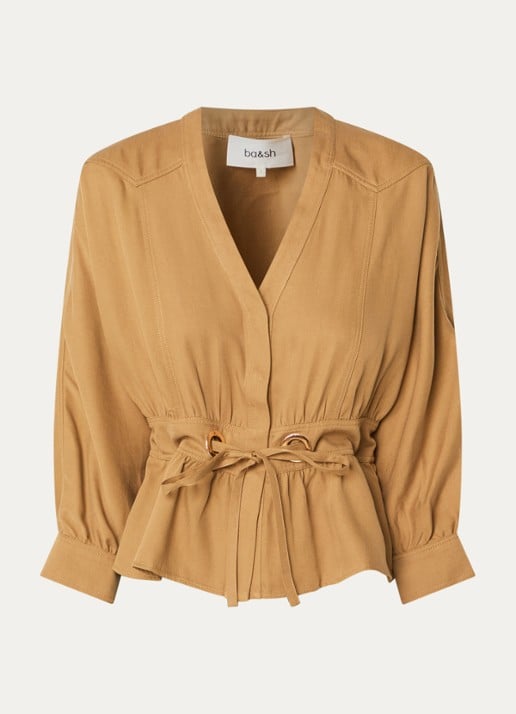 ba&sh Precilia blouse met strikceintuur - voorkant 3 camel