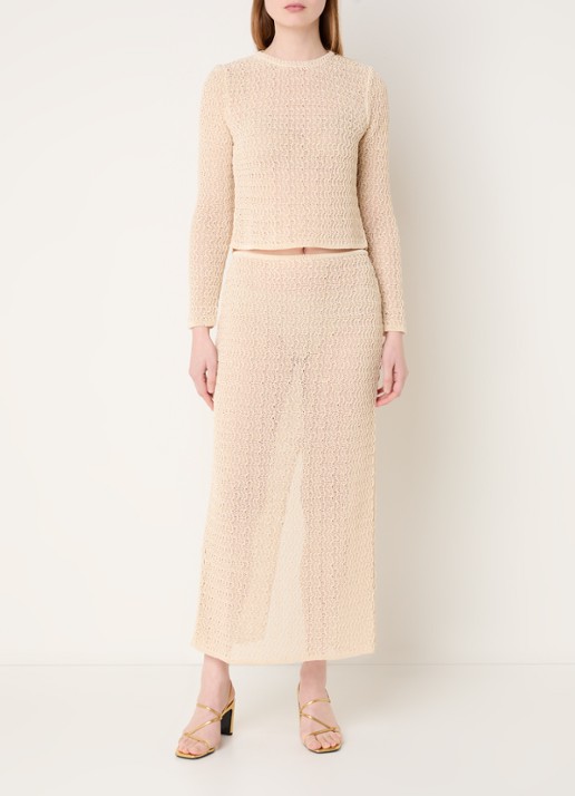 ba&sh Prettie grofgebreide semi-transparante maxi rok met split - voorkant 2 creme