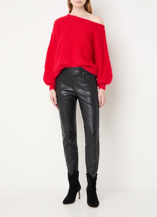 ba&sh Quany mid waist slim fit broek van lamsleer met elastische band - voorkant 4 zwart