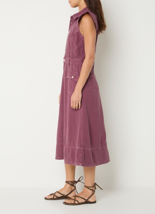ba&sh Risol midi jurk van denim met klepzakken en volant - voorkant 2 oudroze