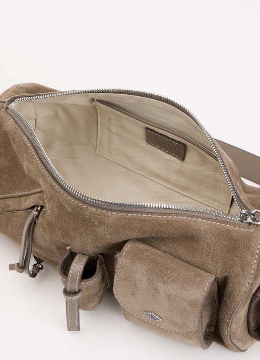 ba&sh Schoudertas van suède met afneembare schouderriem - detail taupe