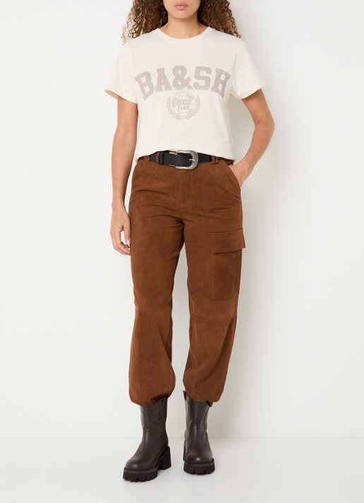 ba&sh Sita straight fit broek van suède met steekzakken - voorkant 3 cognac