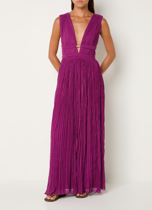 ba&sh Tania maxi jurk met plissé en V-hals - detail 3 fuchsia