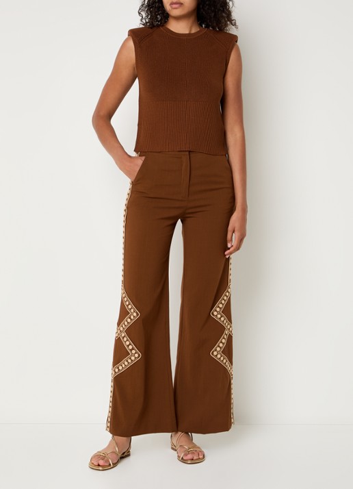 ba&sh Taos high waist flared fit pantalon met borduring - voorkant 2 bruin