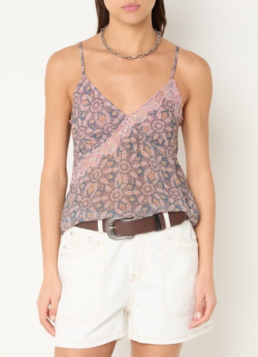 ba&sh Tizy semi-transparante top met print en details van kant