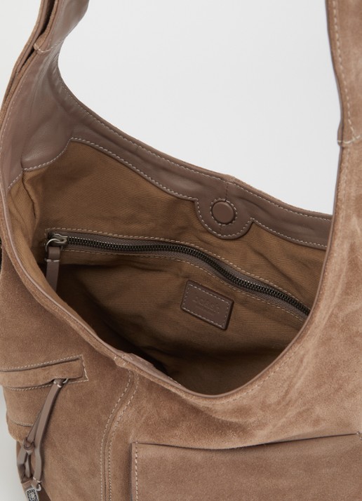 ba&sh Youyou crossbodytas van kalfssuède met verstelbare schouderriem - detail 3 donkerbeige