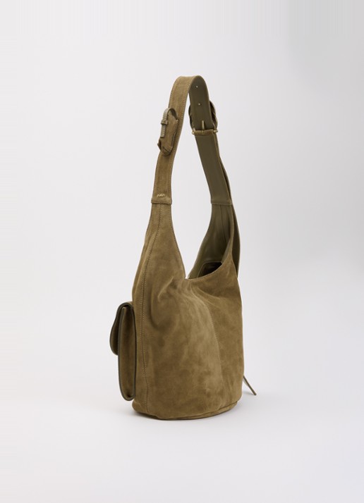 ba&sh YouYou crossbodytas van kalfssuède met verstelbare schouderriem - achterkant khaki