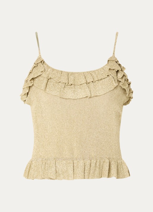 ba&sh Zaria spaghettitop met lurex en volant - voorkant goud