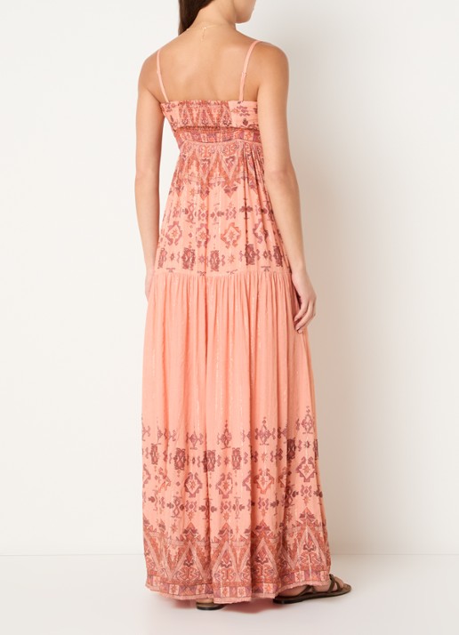 ba&sh Zema maxi jurk met lurex en print - achterkant abrikoos