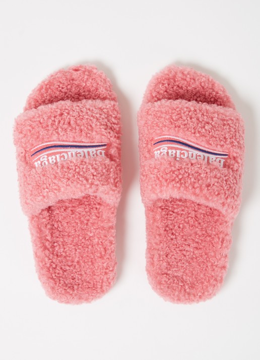 Balenciaga Furry slipper van teddy met logo - detail 5 roze