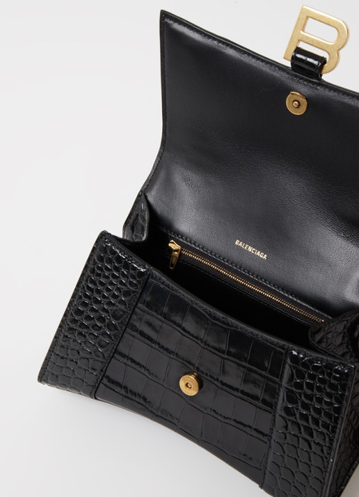 Balenciaga Hourglass S handtas van kalfsleer met crocostructuur - detail zwart