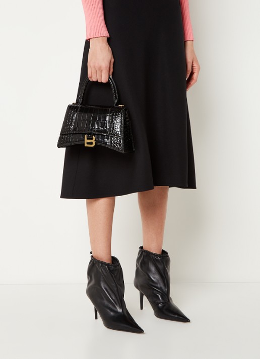 Balenciaga Hourglass S handtas van kalfsleer met crocostructuur - voorkant 7 zwart