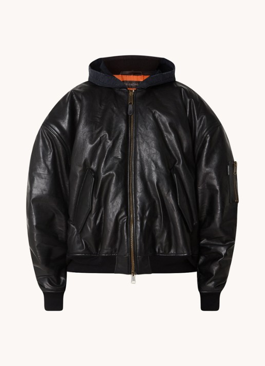 Balenciaga Oversized bomberjack van leer met capuchon - voorkant 2 zwart