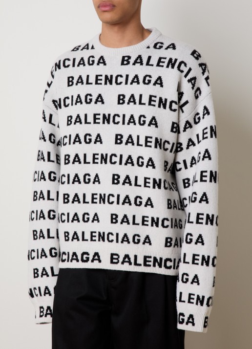 Balenciaga Oversized fijngebreide trui van wol met logoprint - detail 2 gebroken wit