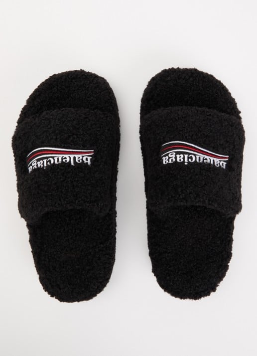 Balenciaga Slipper van teddy met logoborduring - detail 4 zwart