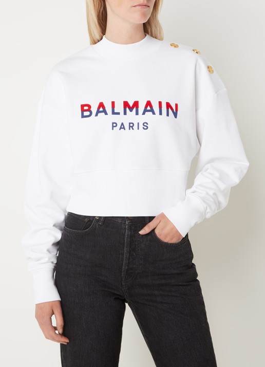 Balmain Cropped sweater met logo flockprint en sierknopen - detail 4 wit
