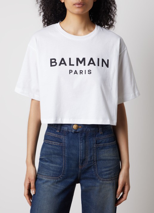 Balmain Cropped T-shirt met logoprint - detail wit