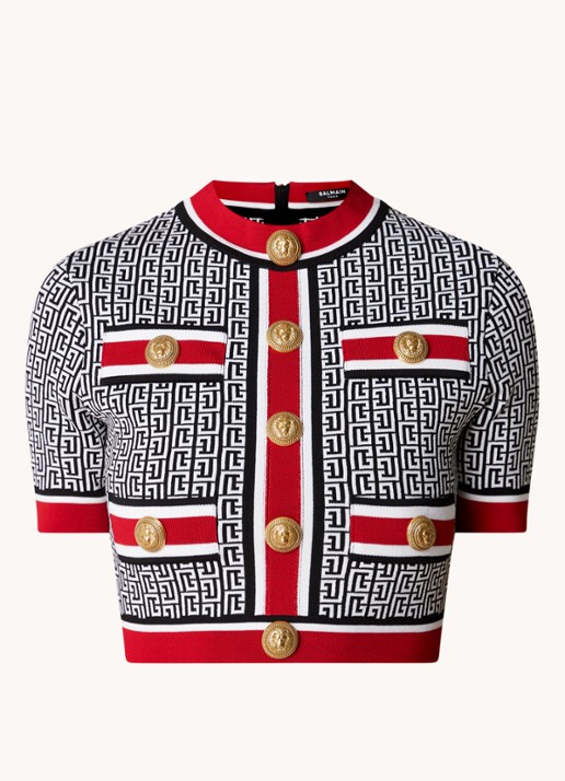 Balmain Cropped top met logoprint en sierknopen - voorkant 4 zwart