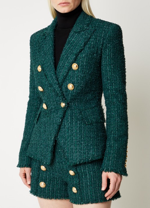 Balmain Double-breasted blazer van tweed en sierknopen - detail bronsgroen